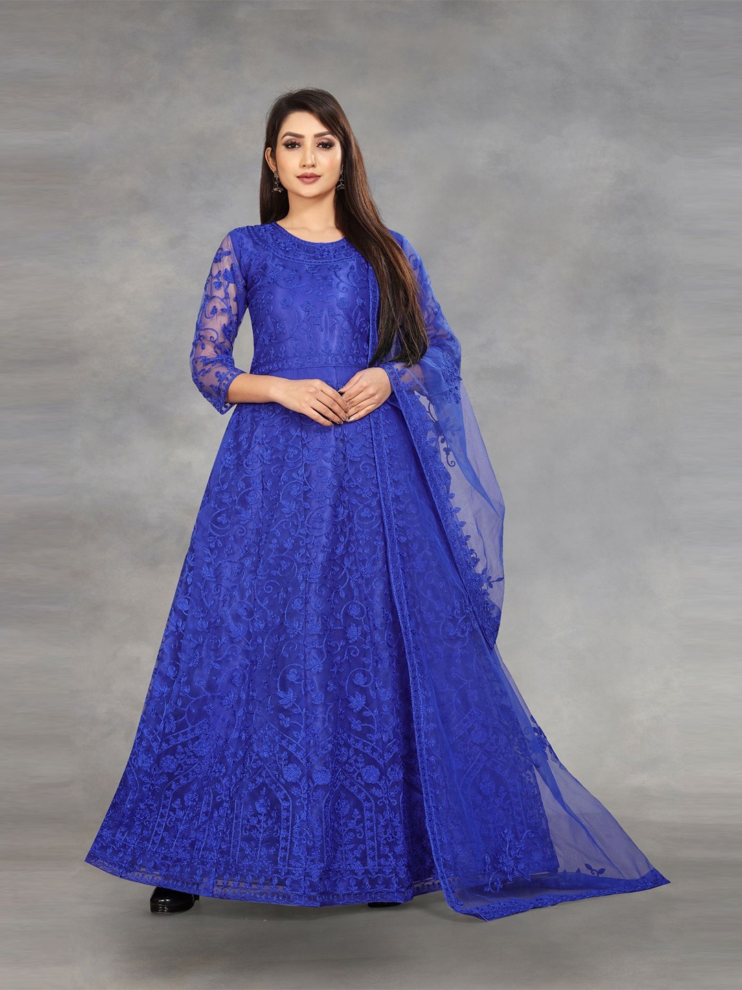 

Aika Embroidered Net Fit & Flare Maxi Dress, Blue