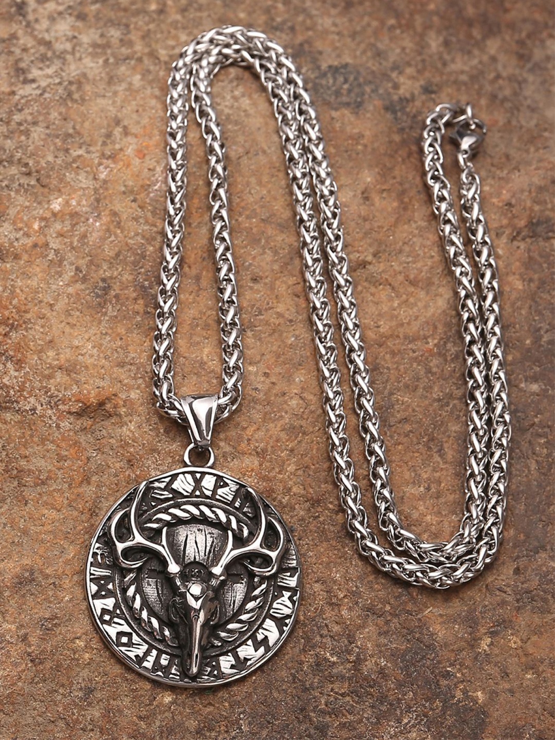

KRENOZ Men Silver-Plated Animal Shaped Stainless Steel Pendant With Chain