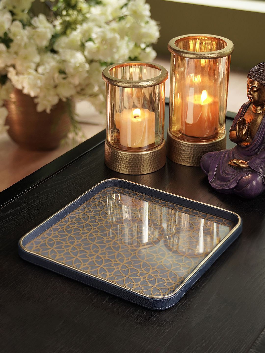 

Pure Home and Living Blue Printed Faux Leather Large Serving Tray