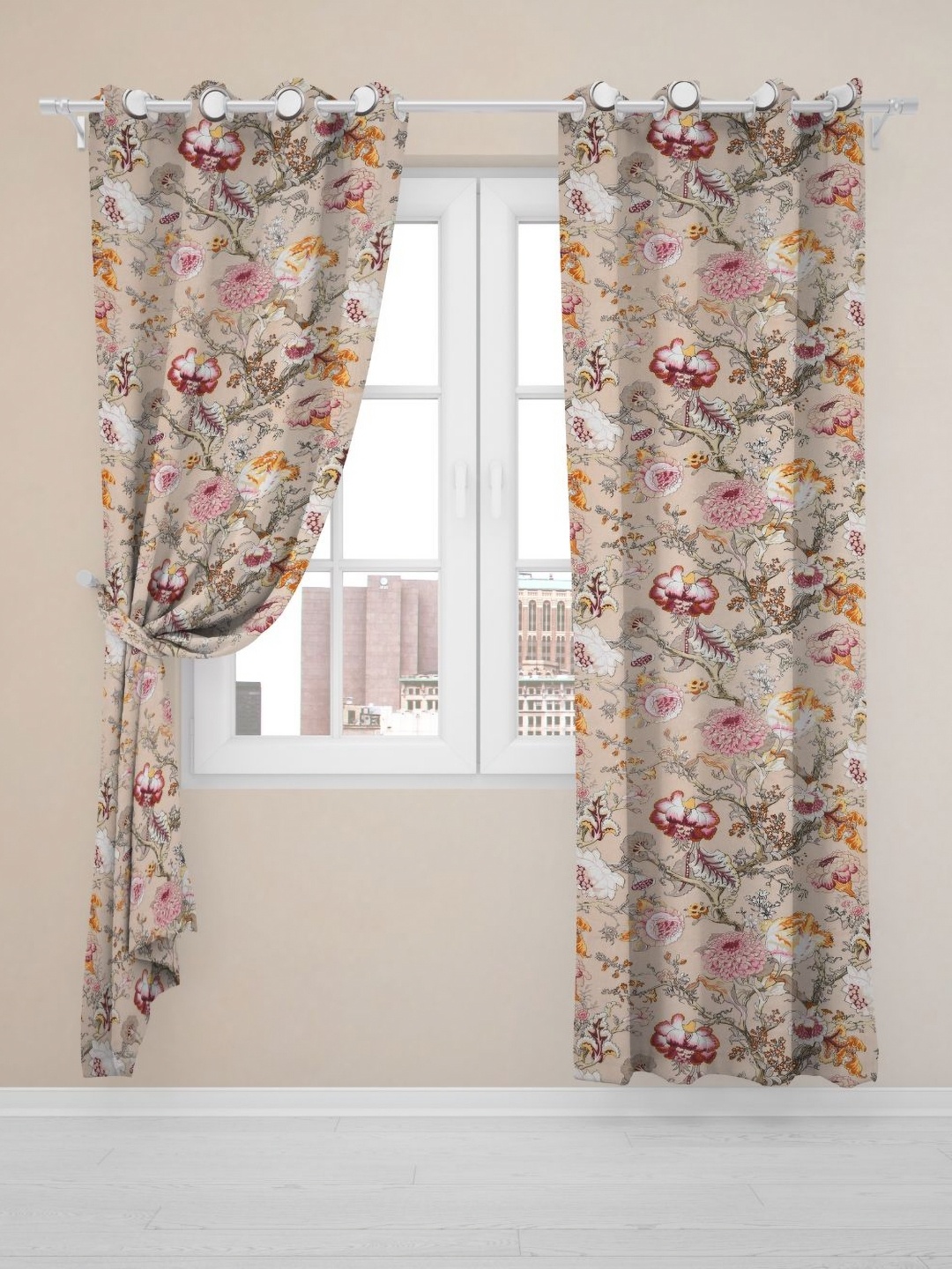 

EasyGoods anokhi Beige & Pink 2 Pieces Floral Cotton Window Curtains