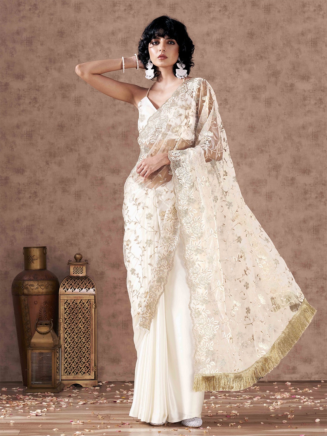 

Tikhi Imli Floral Embroidered Net Half and Half Saree, Off white