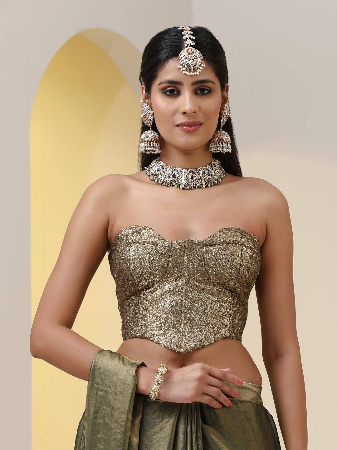 

Swtantra Sequined Strapless Saree Blouse, Gold