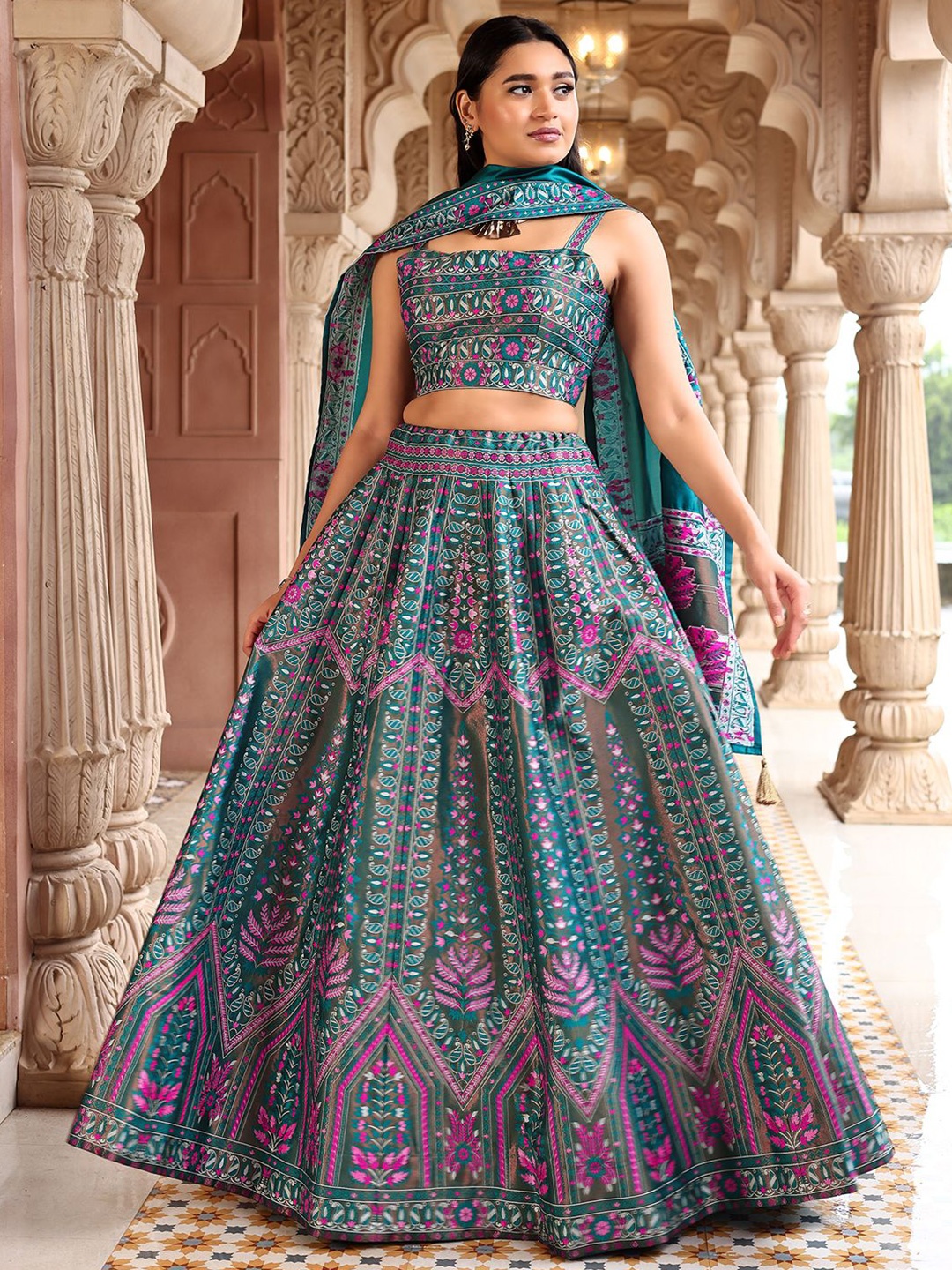 

PURVAJA Ready to Wear Lehenga & Unstitched Blouse With Dupatta, Turquoise blue