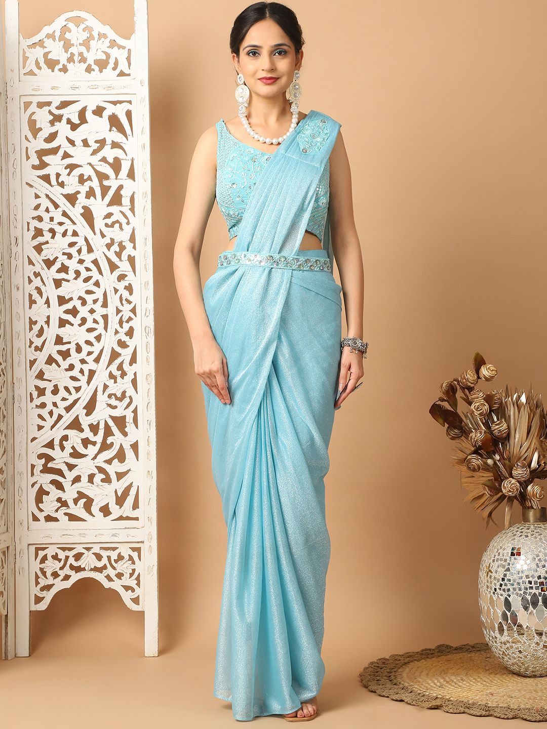 

Grancy Embellished Beads and Stones Ready to Wear Saree, Turquoise blue