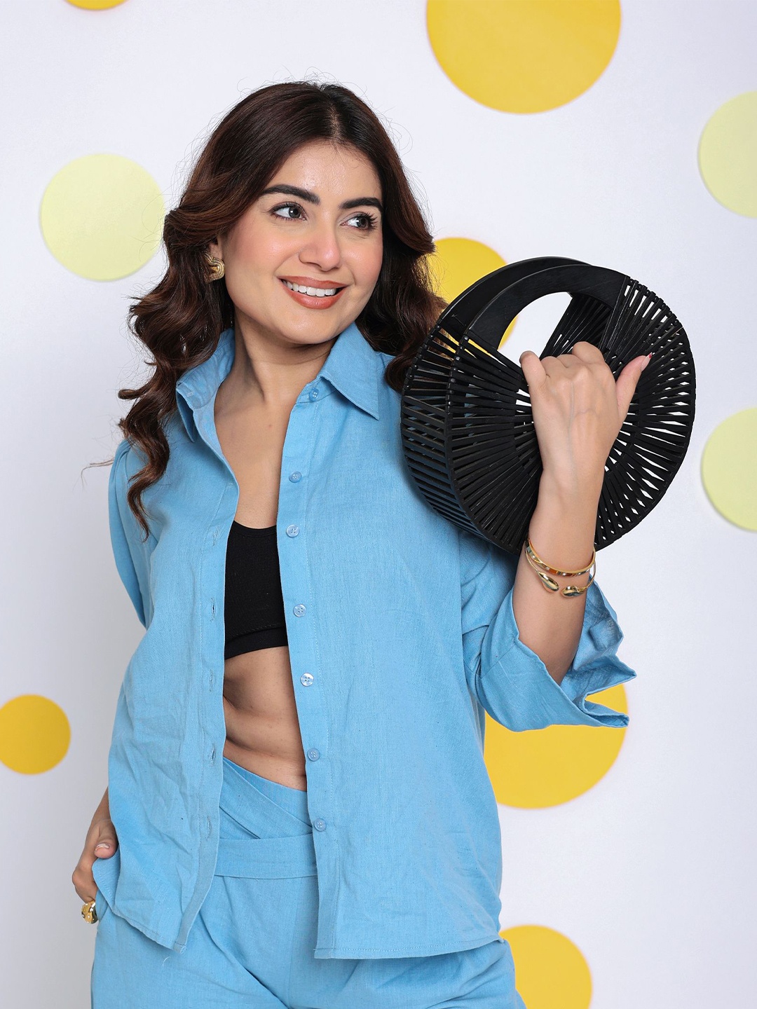 

KAORI BY SHREYA AGARWAL Women Modern Spread Collar Solid Linen Casual Shirt, Blue