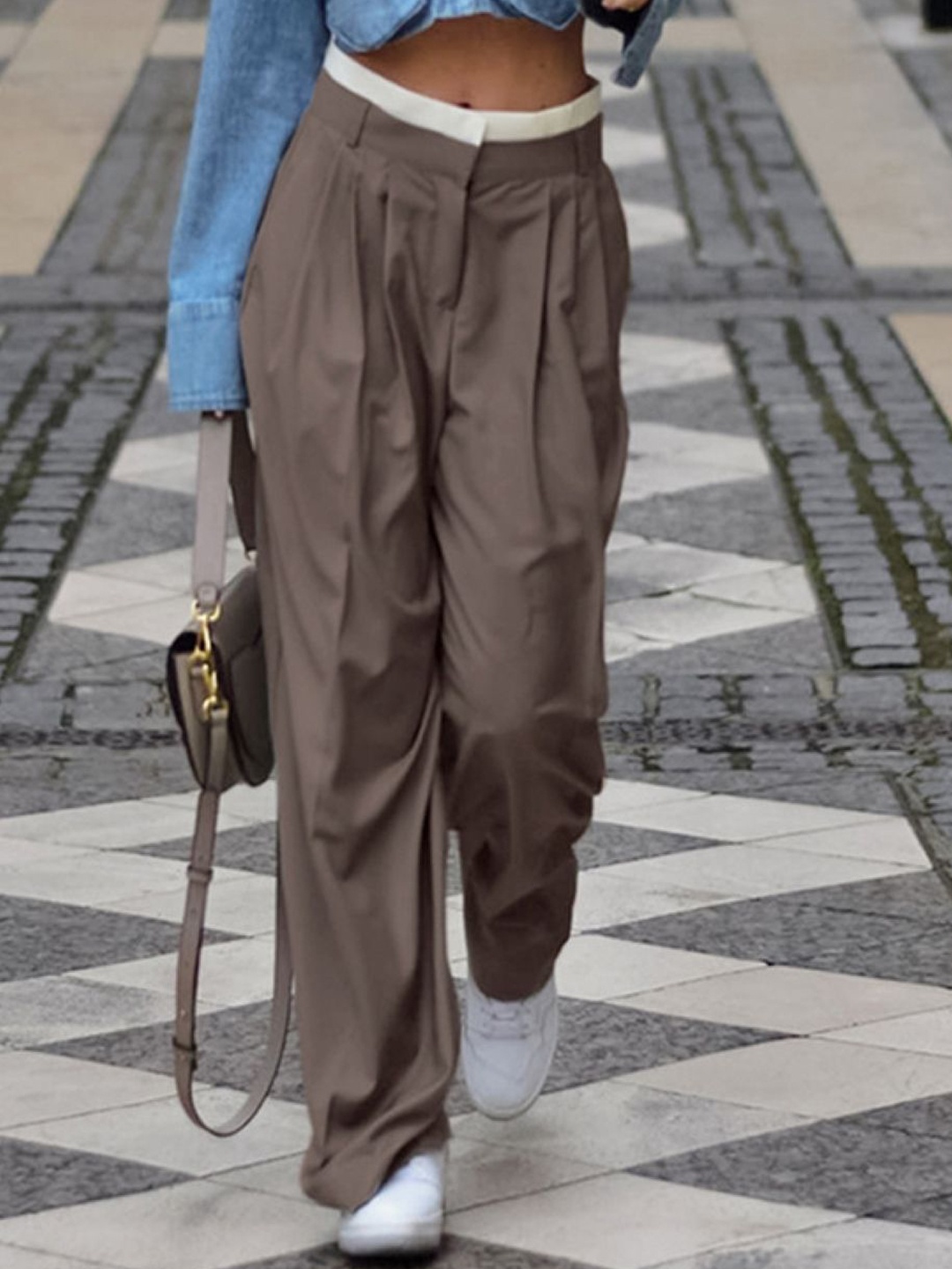 

KPOP Women Relaxed Pleated Loose Fit Trousers, Khaki
