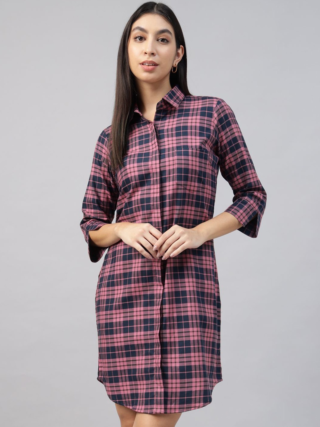 

Hancock Women Cotton Checked Formal Shirt Dress, Navy blue