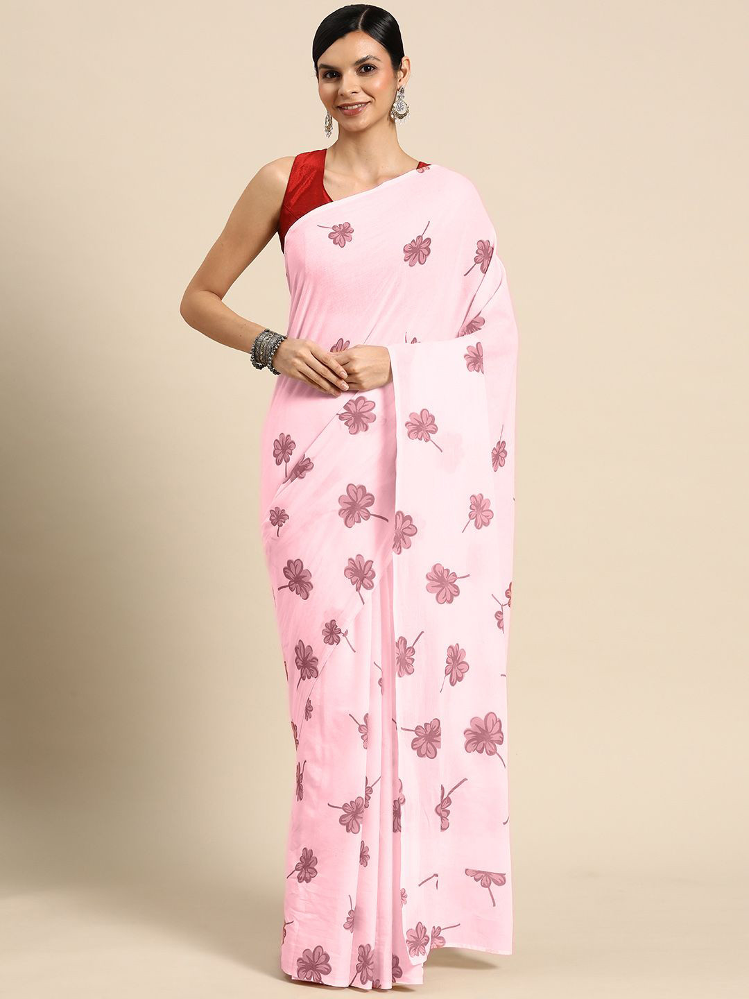 

BUTA BUTI Floral Printed Pure Cotton Saree, Red