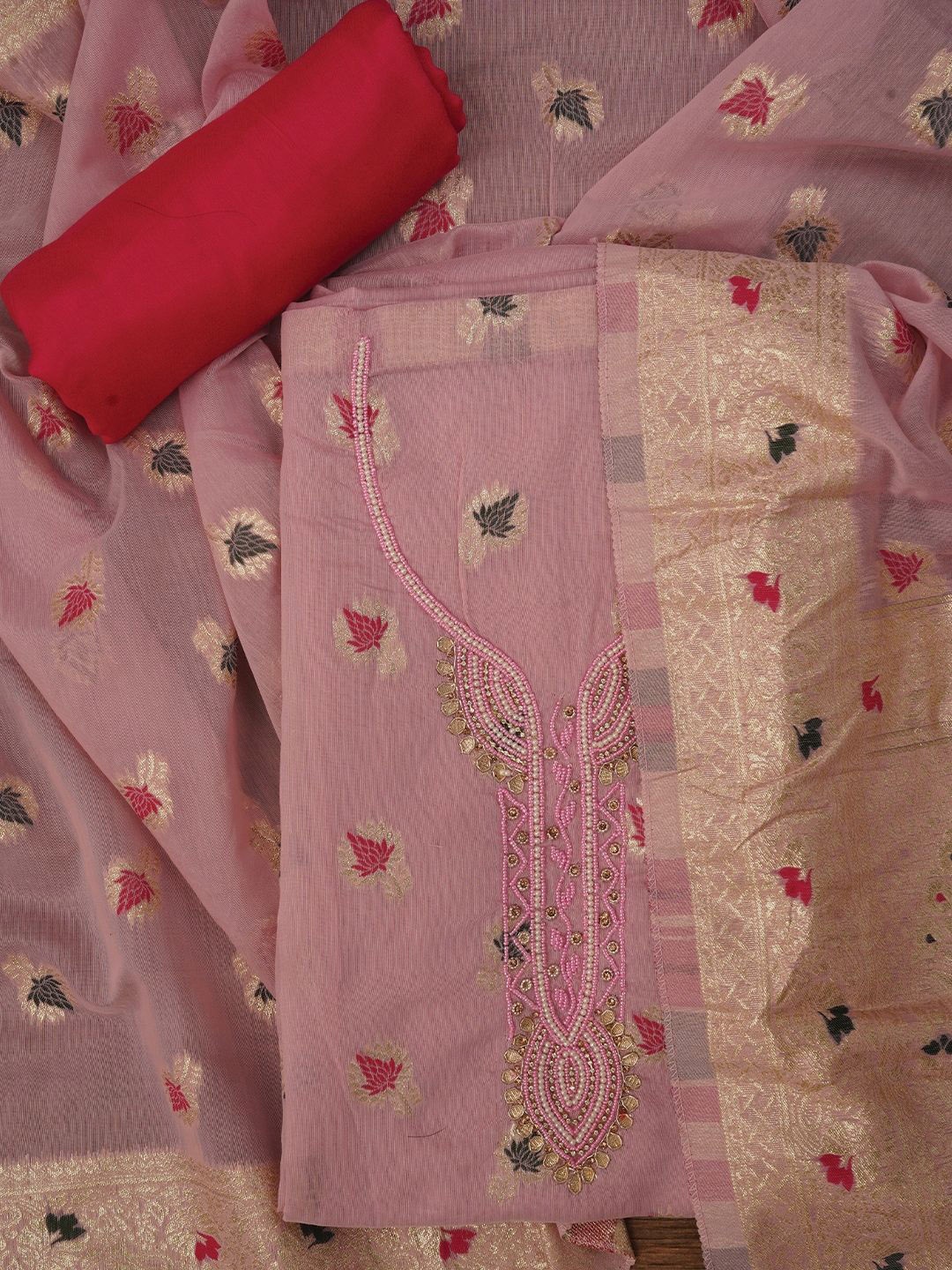 

Jaipur Kurti Floral Zari Woven Cotton Blend Dress Material with Dupatta, Pink