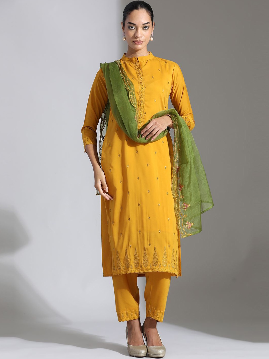 

Jaipur Kurti Floral Embroidered Sequinned Straight Kurta With Trousers & Dupatta, Mustard