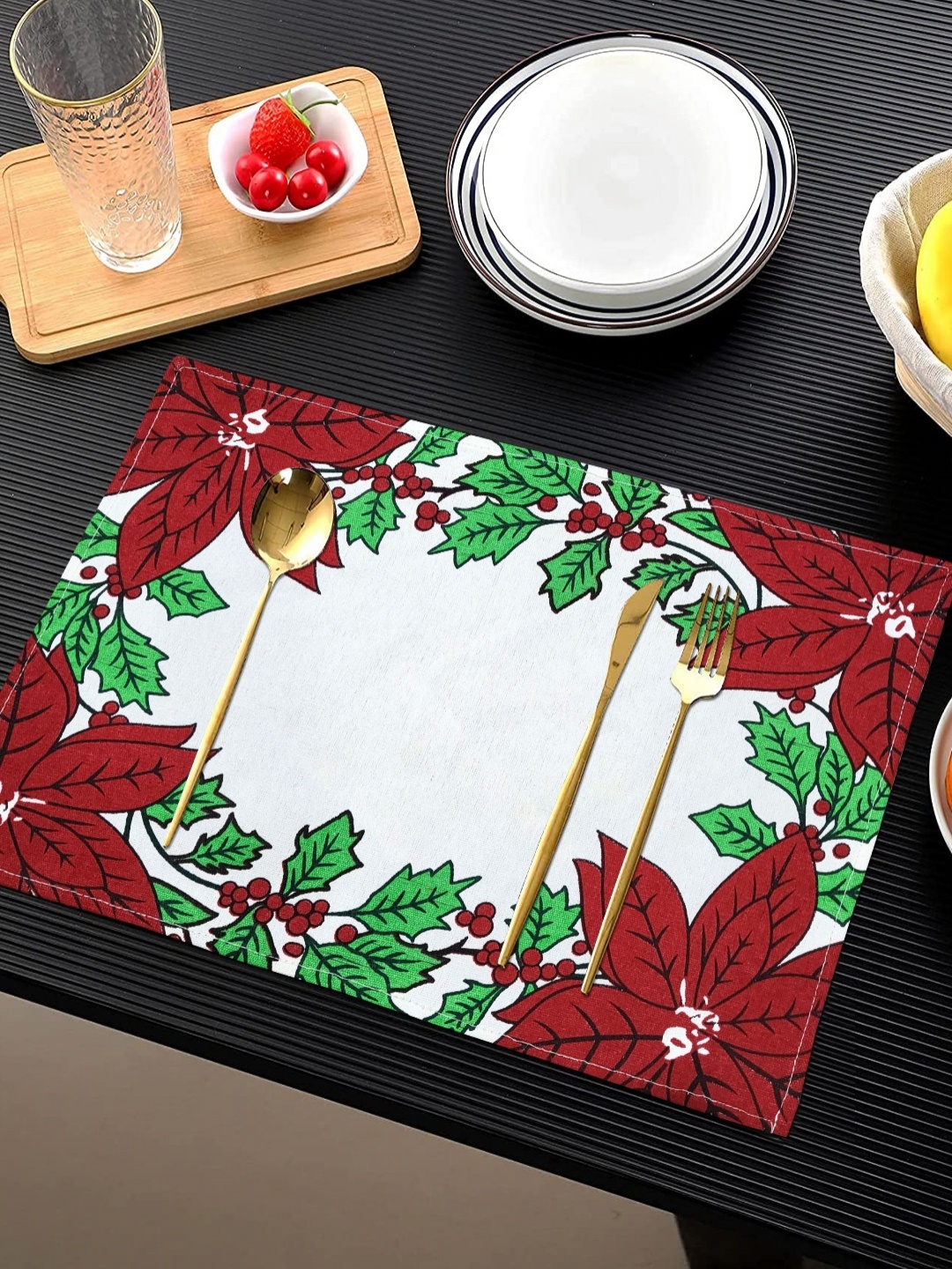 

ANA Red & White 4 Pieces Floral Printed Rectangle Cotton Table Placemats