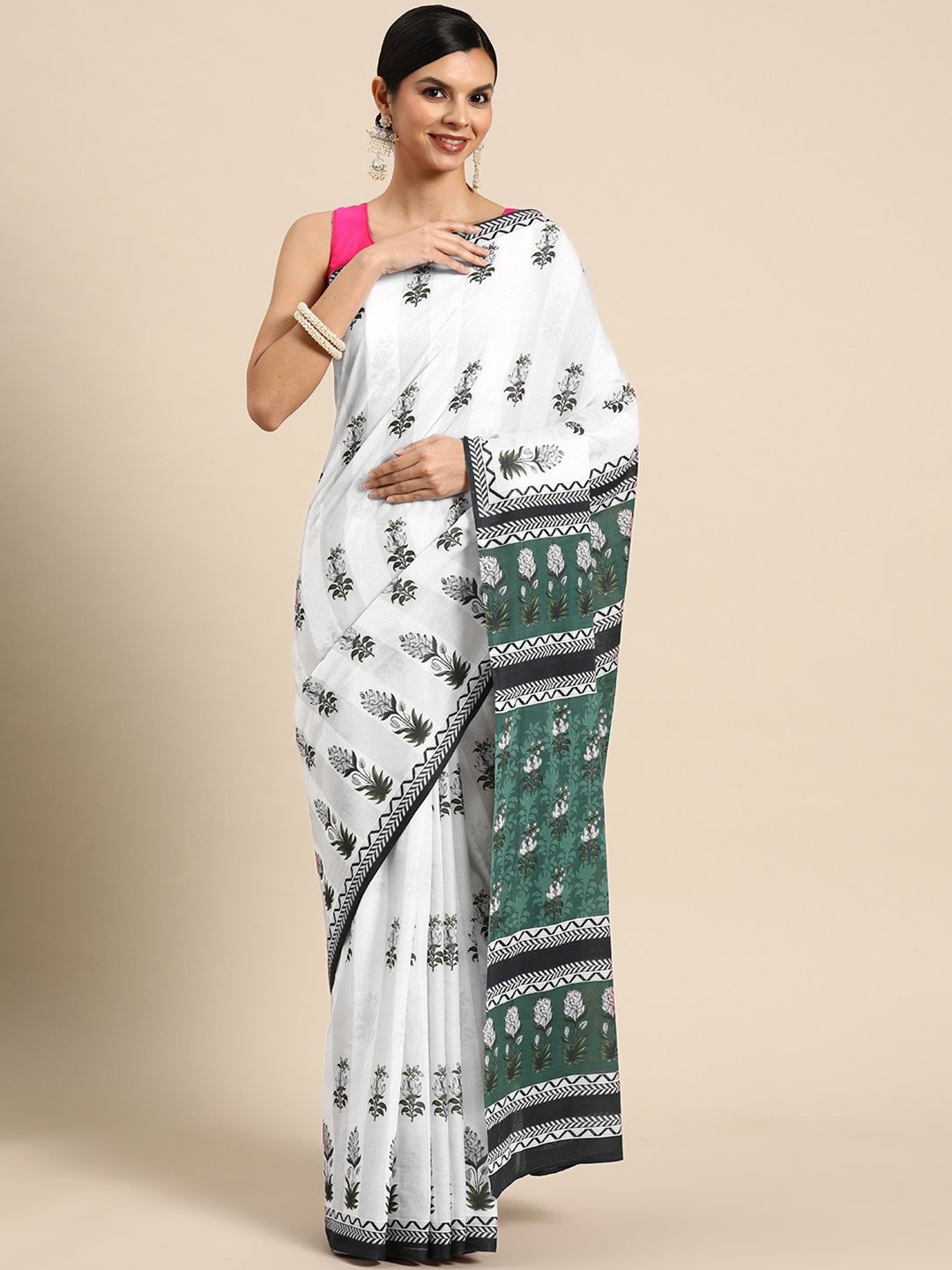 

BUTA BUTI Floral Printed Pure Cotton Saree, White