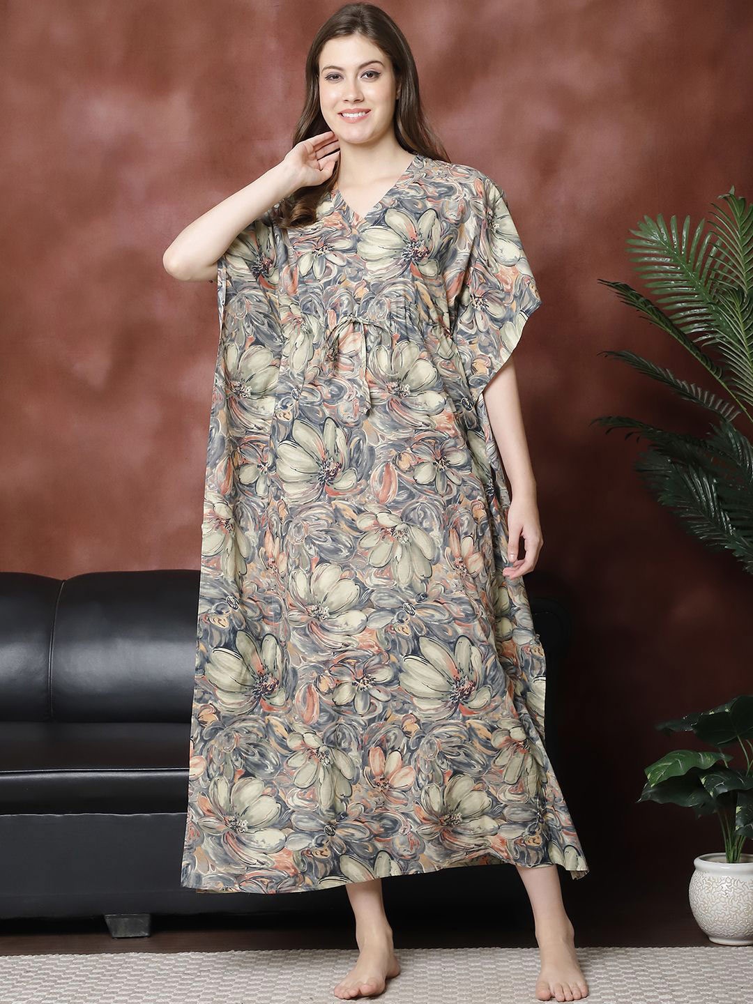 

Claura Women Printed Pure Cotton Kaftan Nightdress, Grey