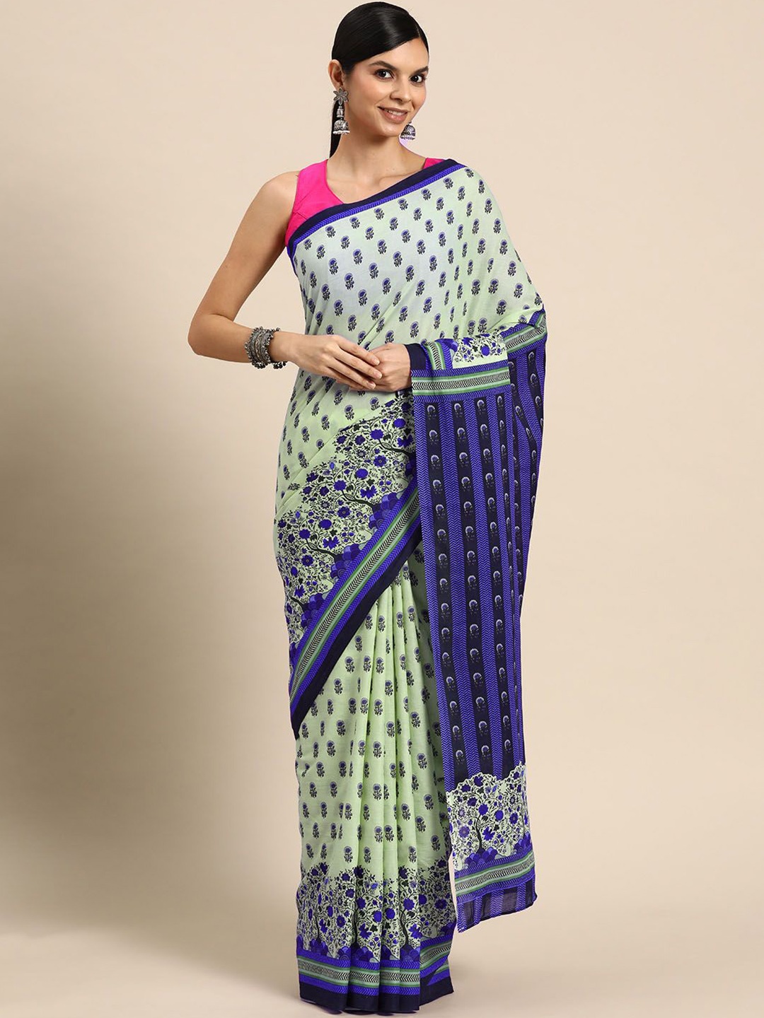 

BUTA BUTI Floral Pure Cotton Saree, Navy blue