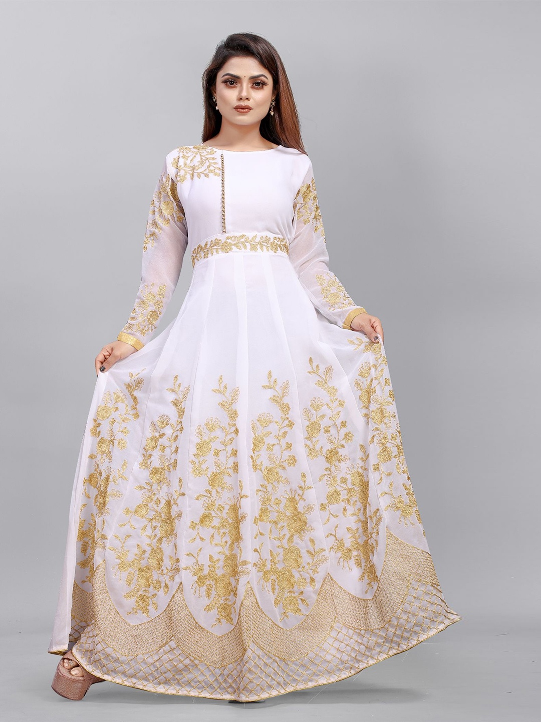 

Aika Women Floral Embroidered Round Neck Ethnic Dresses, White