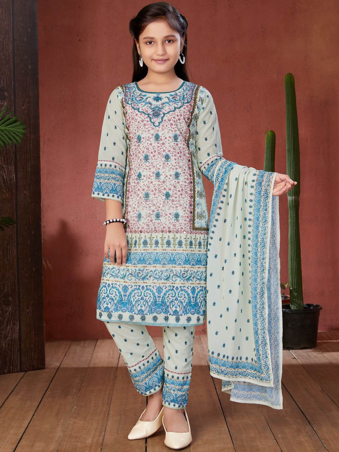 

Aarika Girls Floral Printed Mirror Work Georgette Straight Kurta With Trousers & Dupatta, Cream