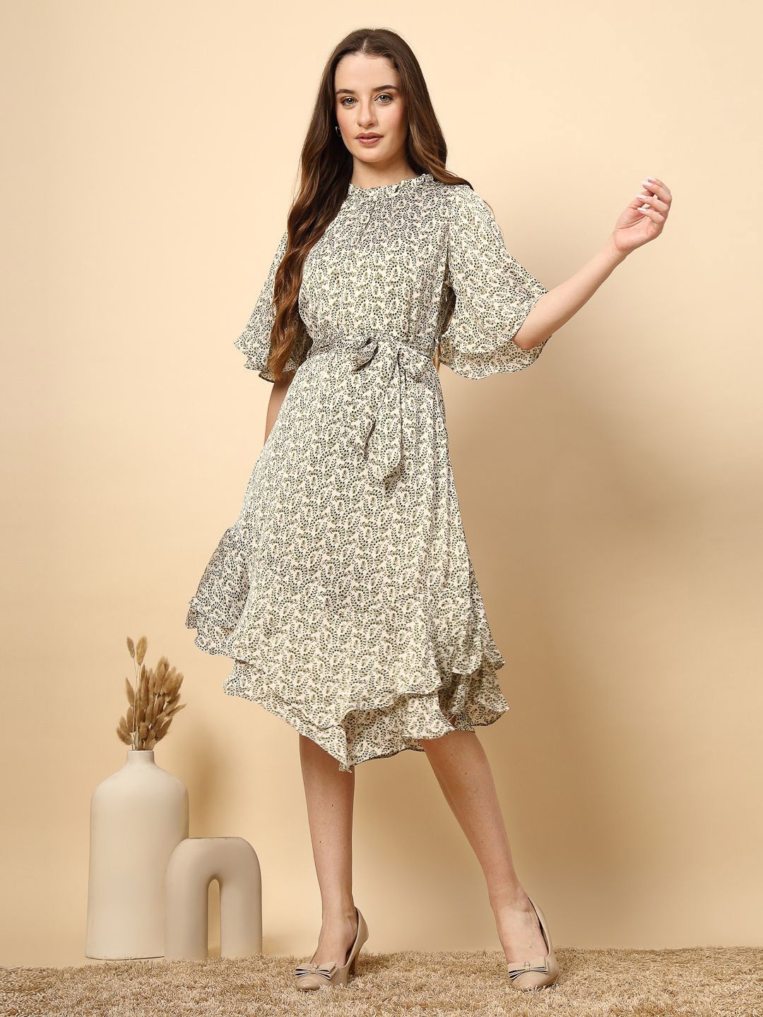 

Gipsy Floral Women Printed Bell Sleeve A-Line Dress with Neck and Bottom Frill, Olive