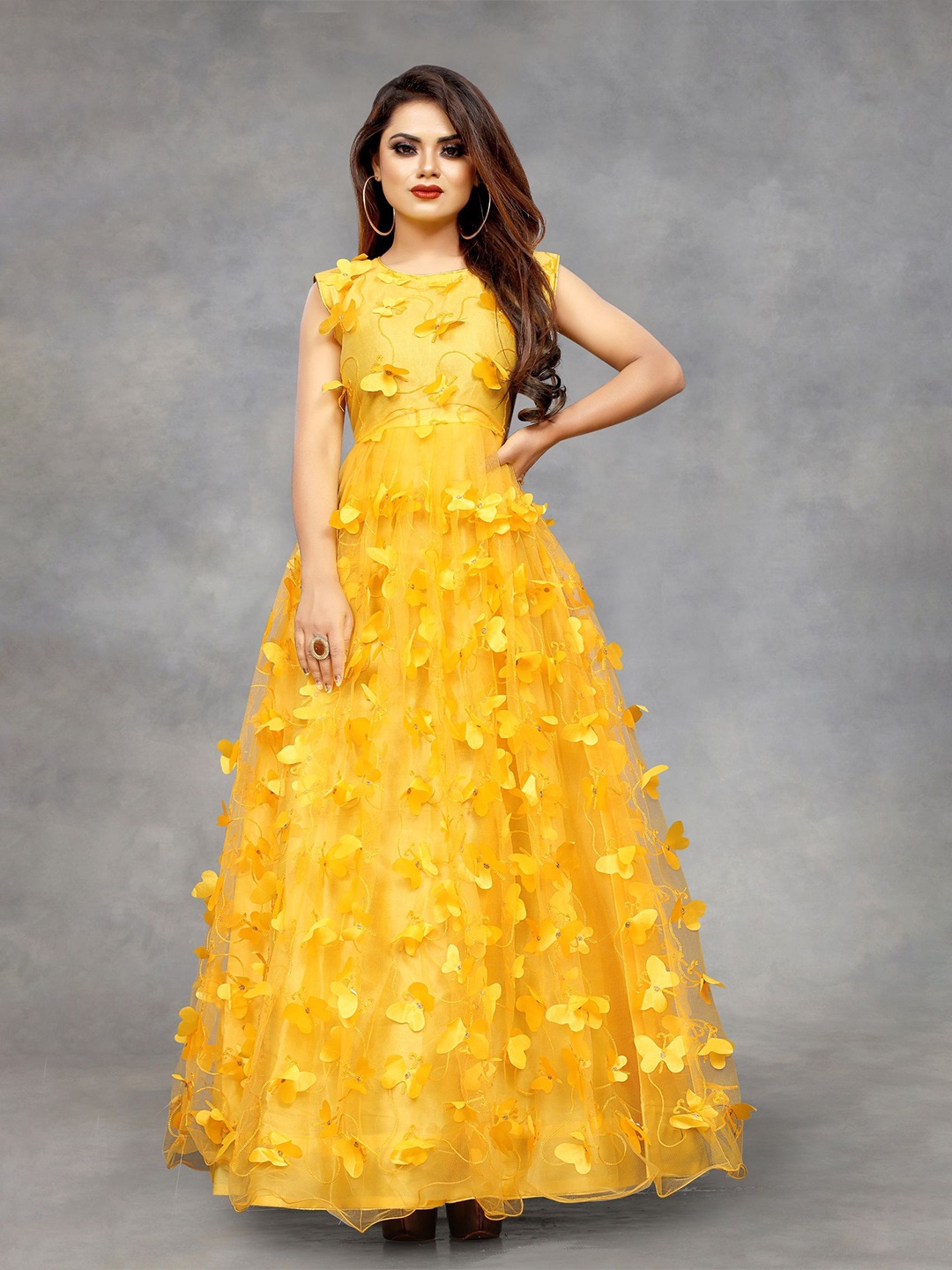 

Aika Floral Embroidered Net Fit & Flare Maxi Dress, Yellow