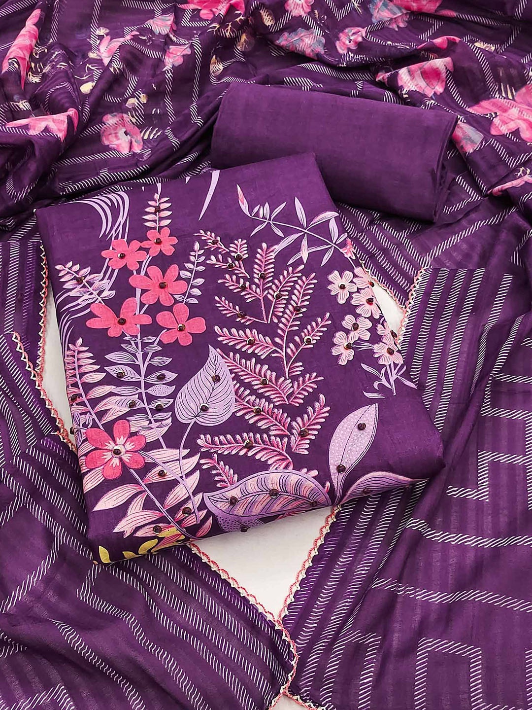 

Peachmode Printed Pure Cotton Unstitched Dress Material, Purple