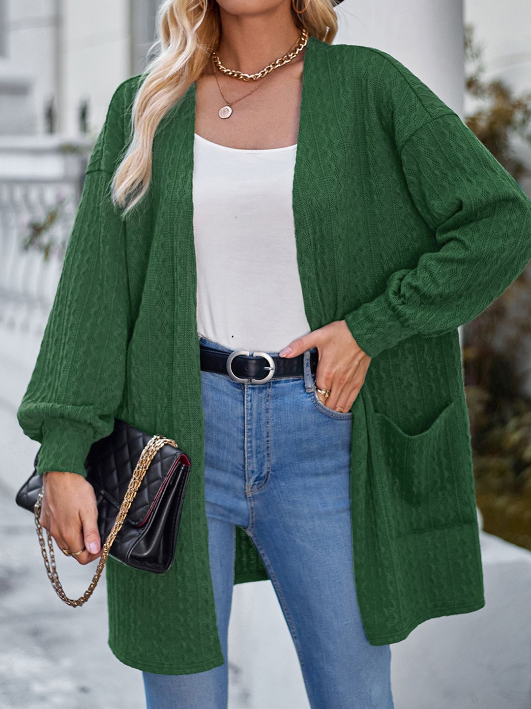 

StyleCast Green Self Design Open Front Shrug