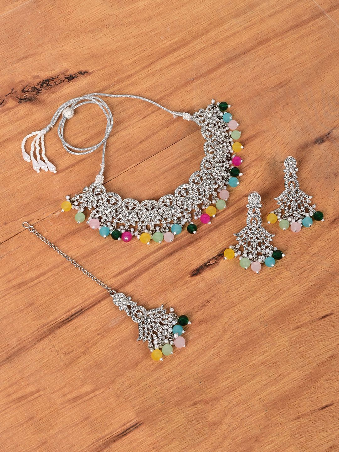 

Keviv Rhodium-Plated American Diamond-Studded & Beaded Jewellery Set, Silver