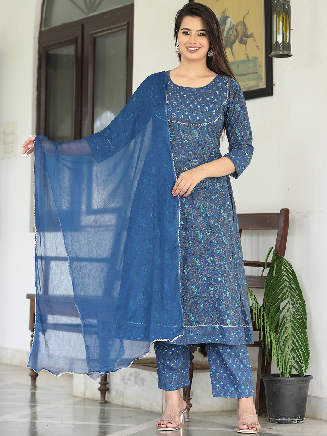 

SINGNI Ethnic Motifs Pure Cotton Anarkali Kurta With Trousers & Dupatta, Navy blue