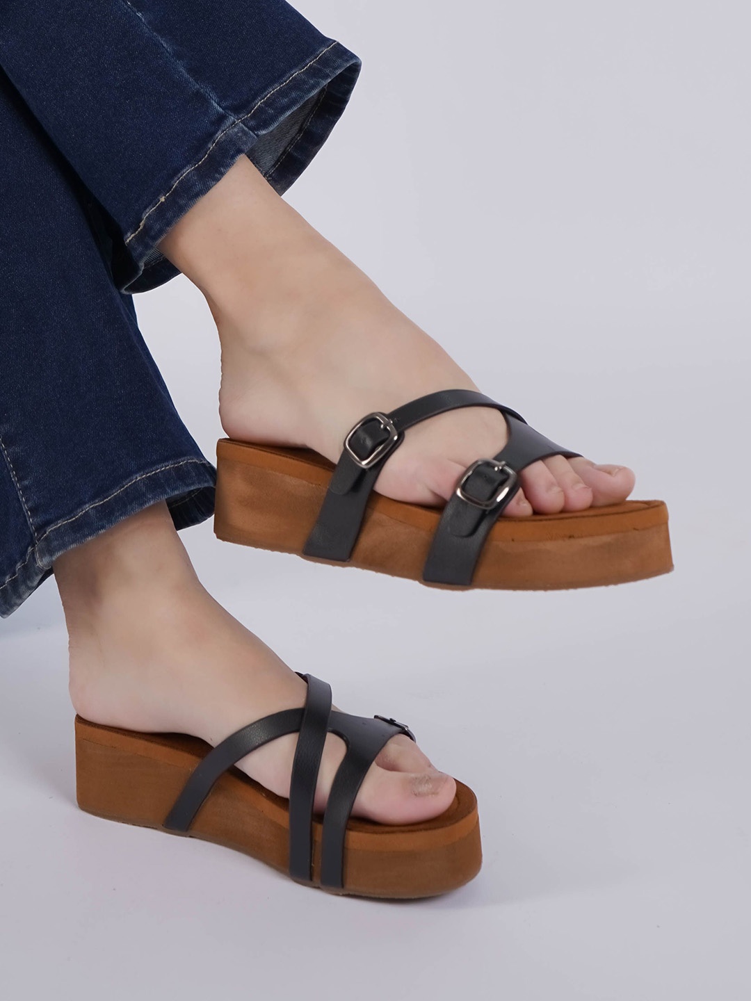 

Shezone Open Toe Wedge Heel Sandals with Buckles, Black