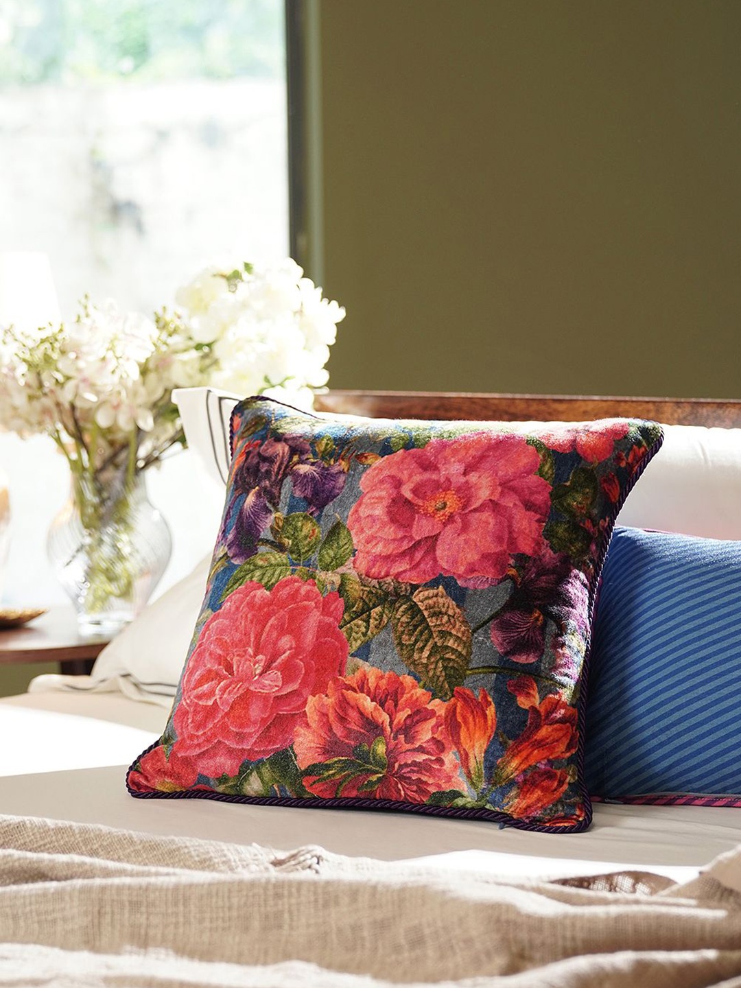 

Pure Home and Living Blue & Red Floral Printed Velvet Square Cushion Covers