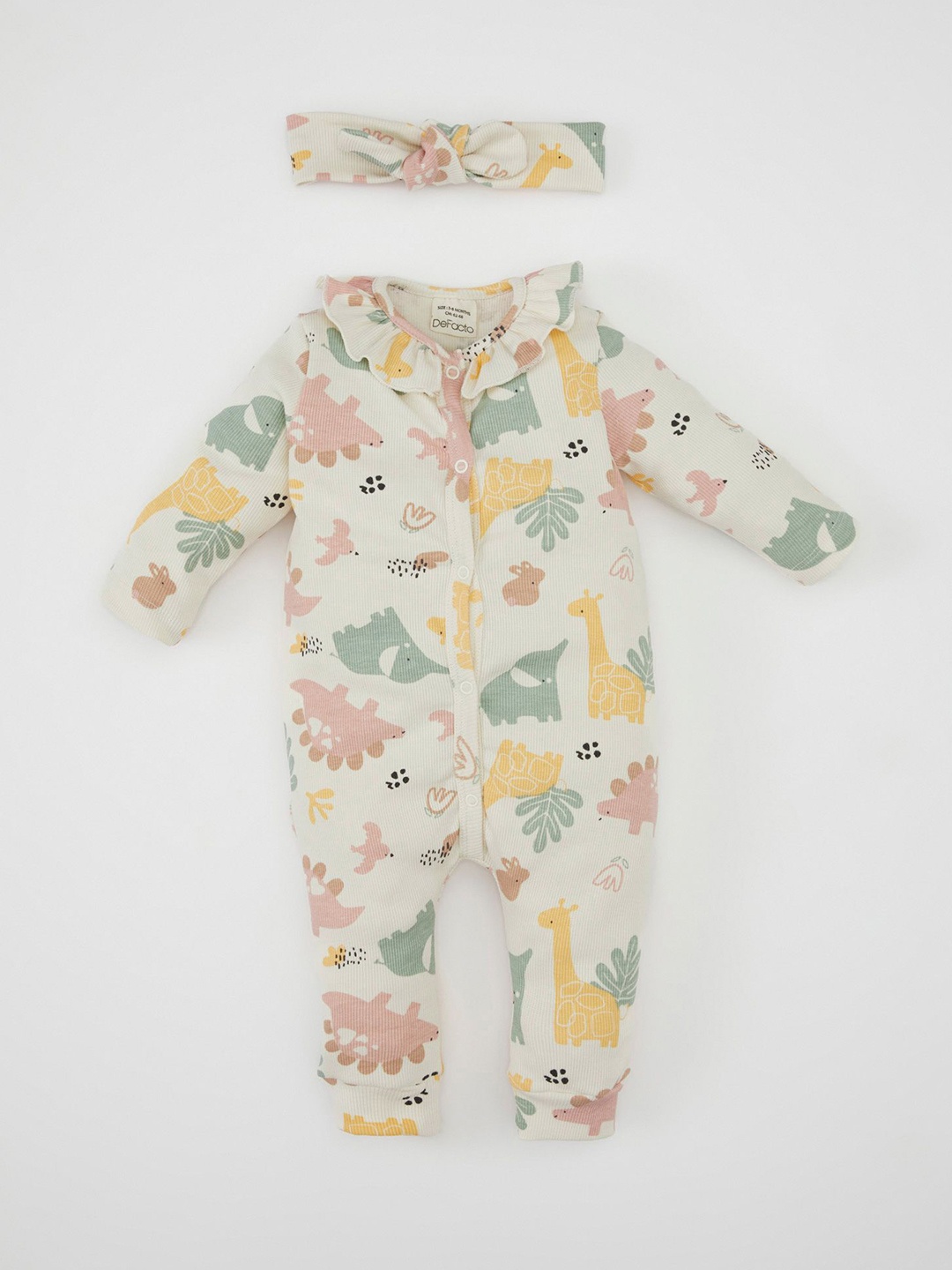 

DeFacto Infants Girls Printed Cotton Rompers With Headband, White