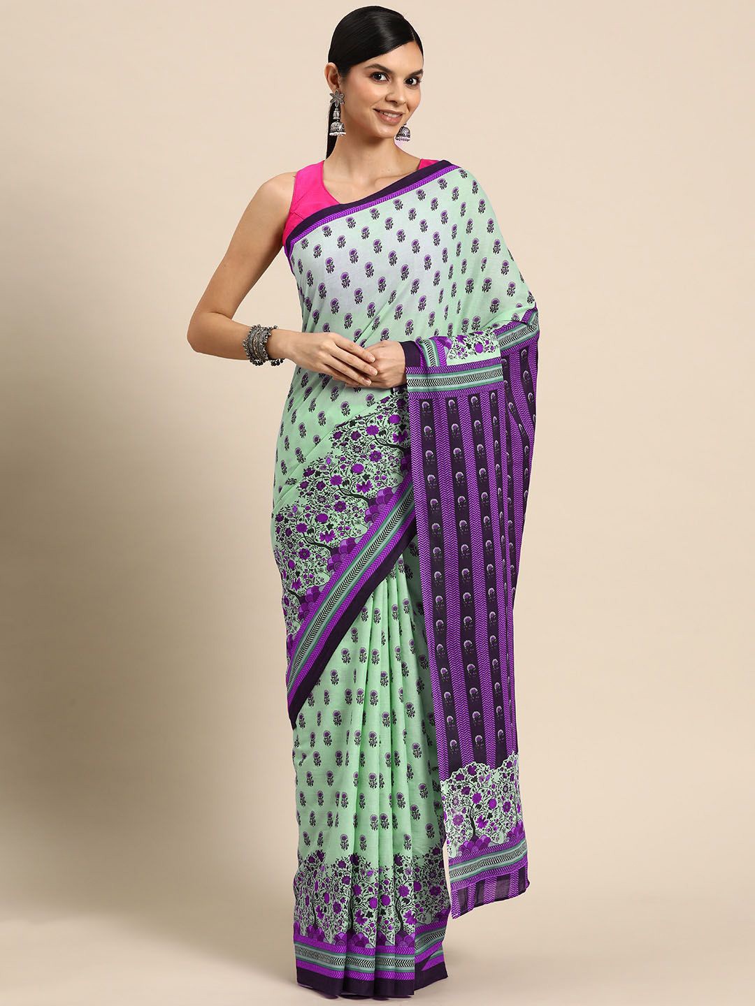 

BUTA BUTI Floral Pure Cotton Saree, Purple