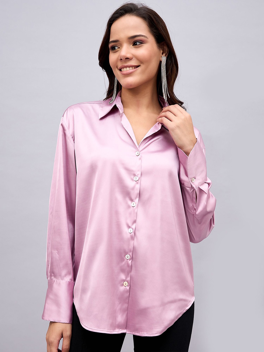 

STYLE BLUSH Women Sheen Satin Shirt Style Top, Pink