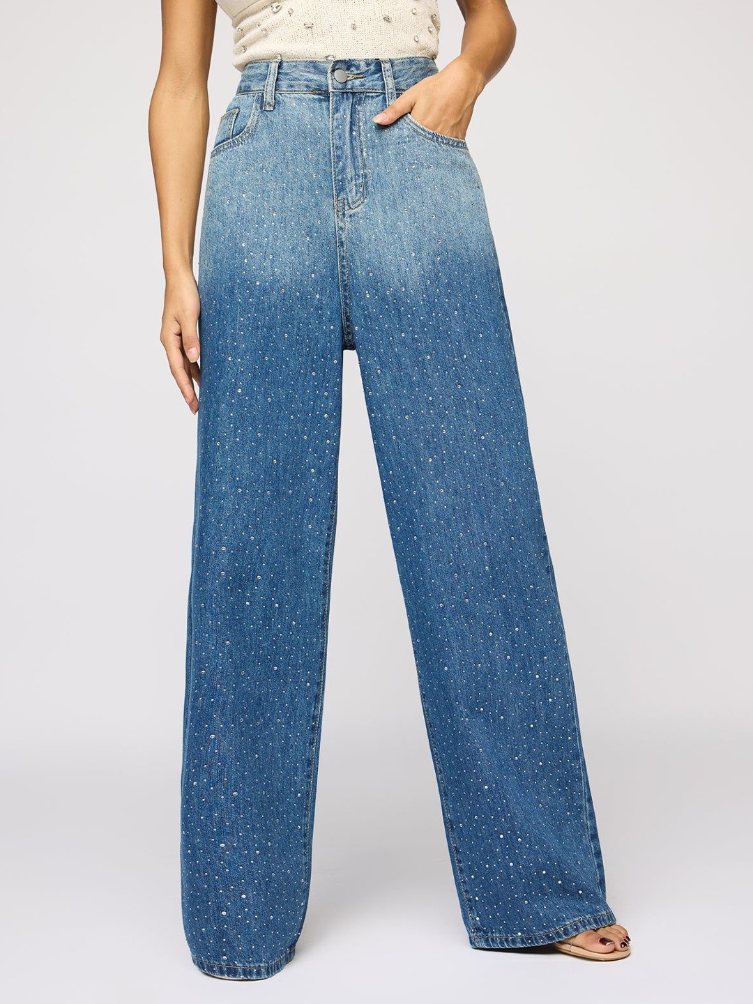 

FREAKINS Women Embellished Denim Korean Jeans Pant, Blue