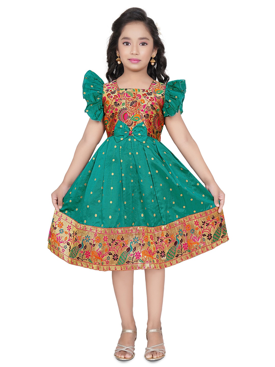

BAESD Embellished Puff Sleeve Fit & Flare Dress, Green