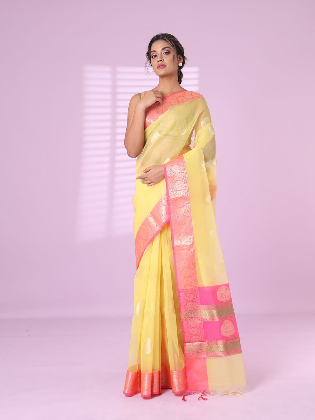 

Charukriti Woven Design Zari Organza Saree, Yellow