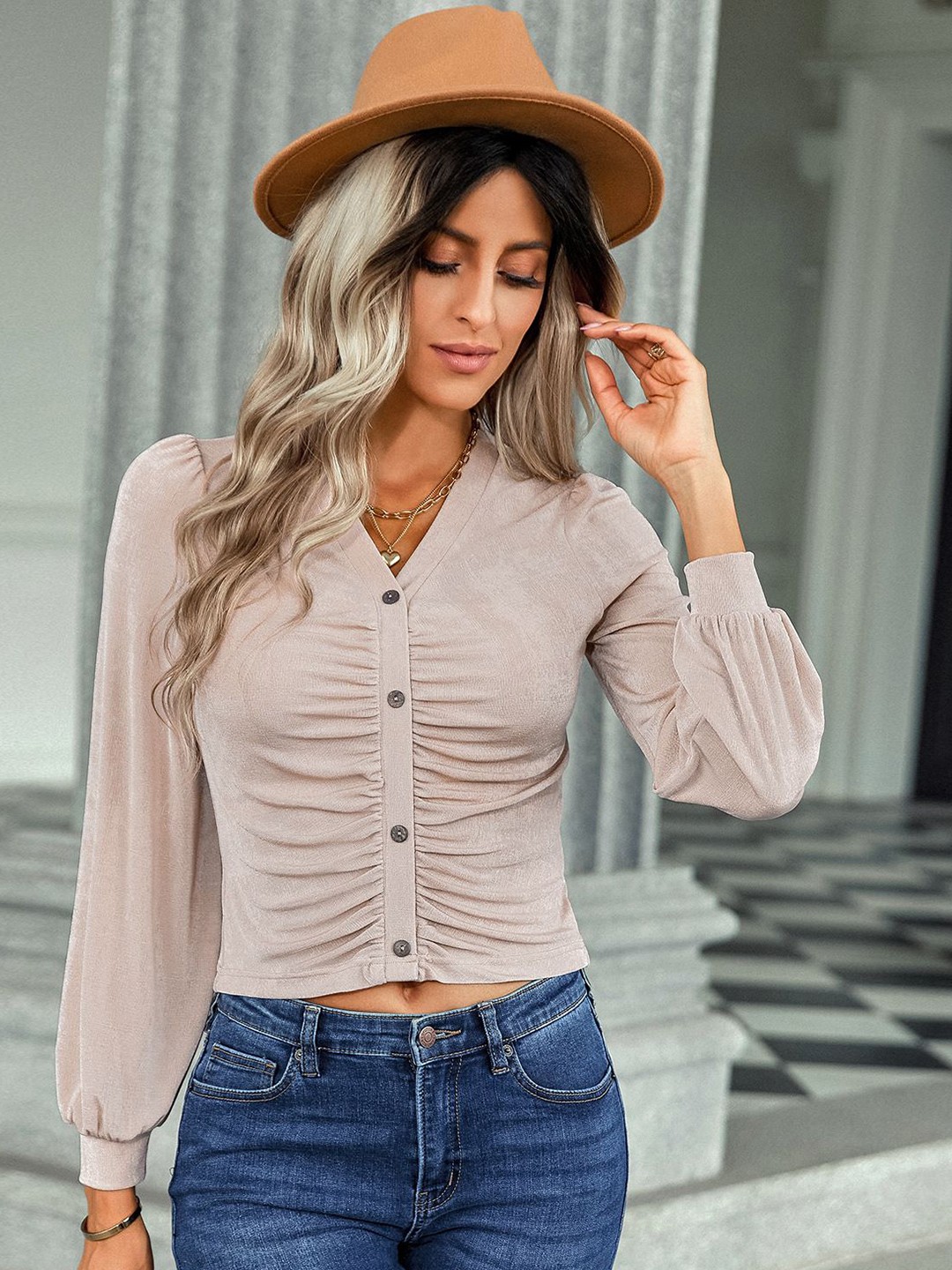 

StyleCast Women Solid V-Neck Top, Beige