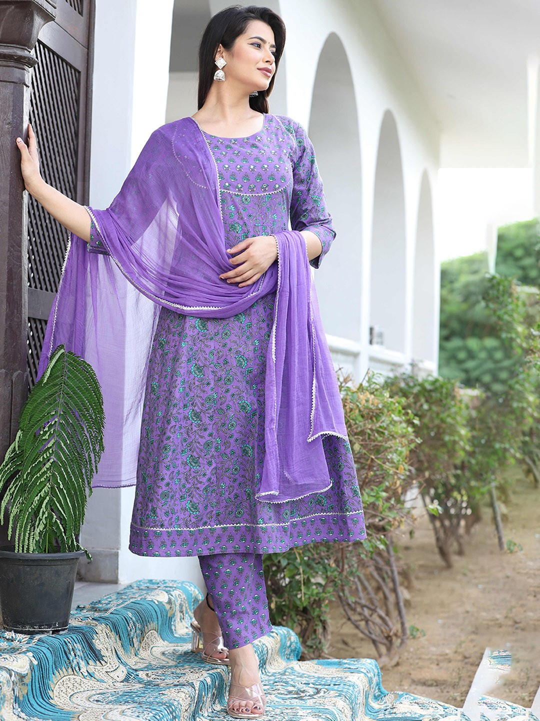 

SINGNI Ethnic Motifs Pure Cotton Anarkali Kurta With Trousers & Dupatta, Purple
