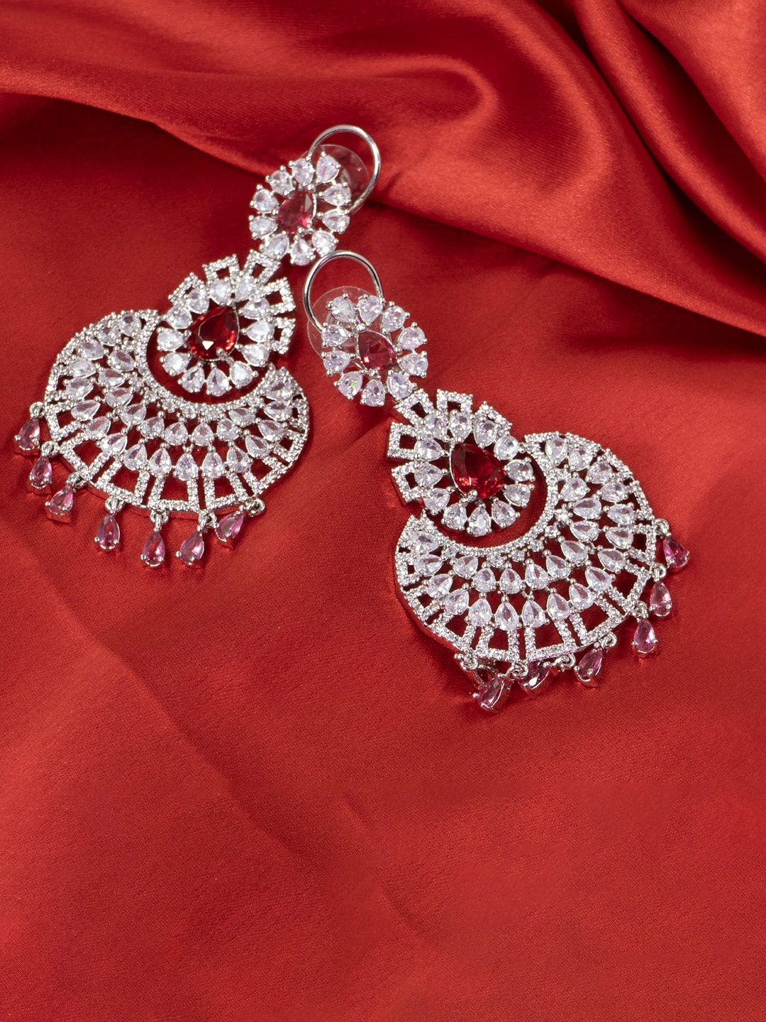 

SHARLEEZ Rhodium-Plated American Diamond Studded Crescent Shaped Drop Earrings, Red