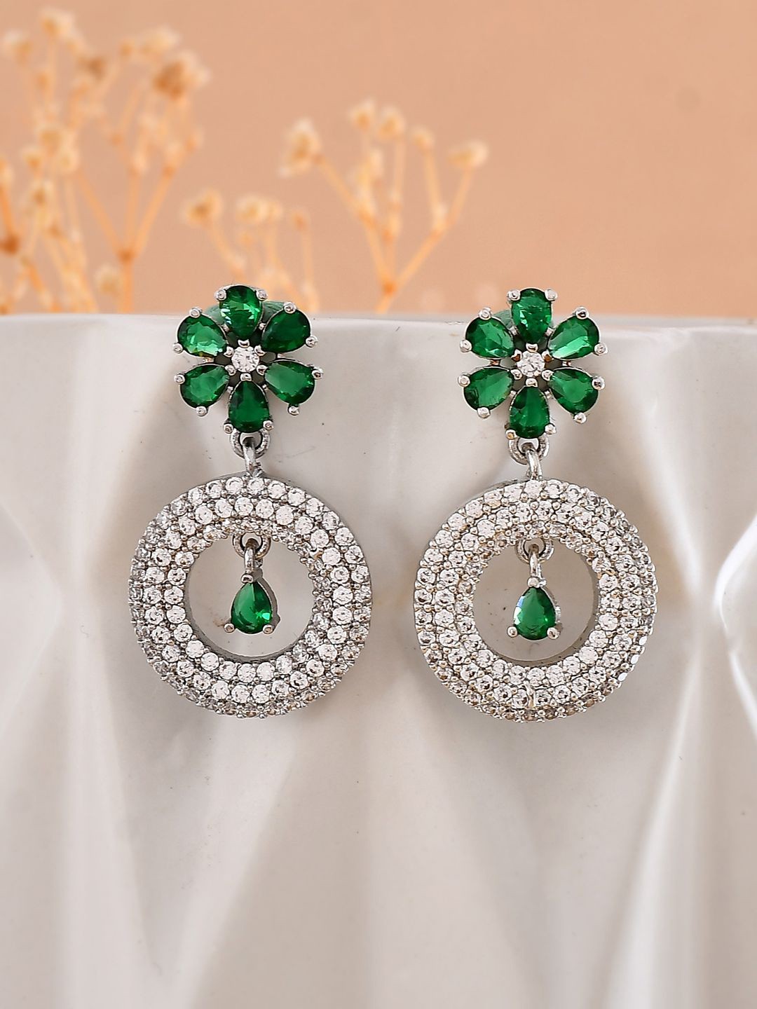

Voylla Rhodium Plated Contemporary American Diamond Drop Earrings, Silver