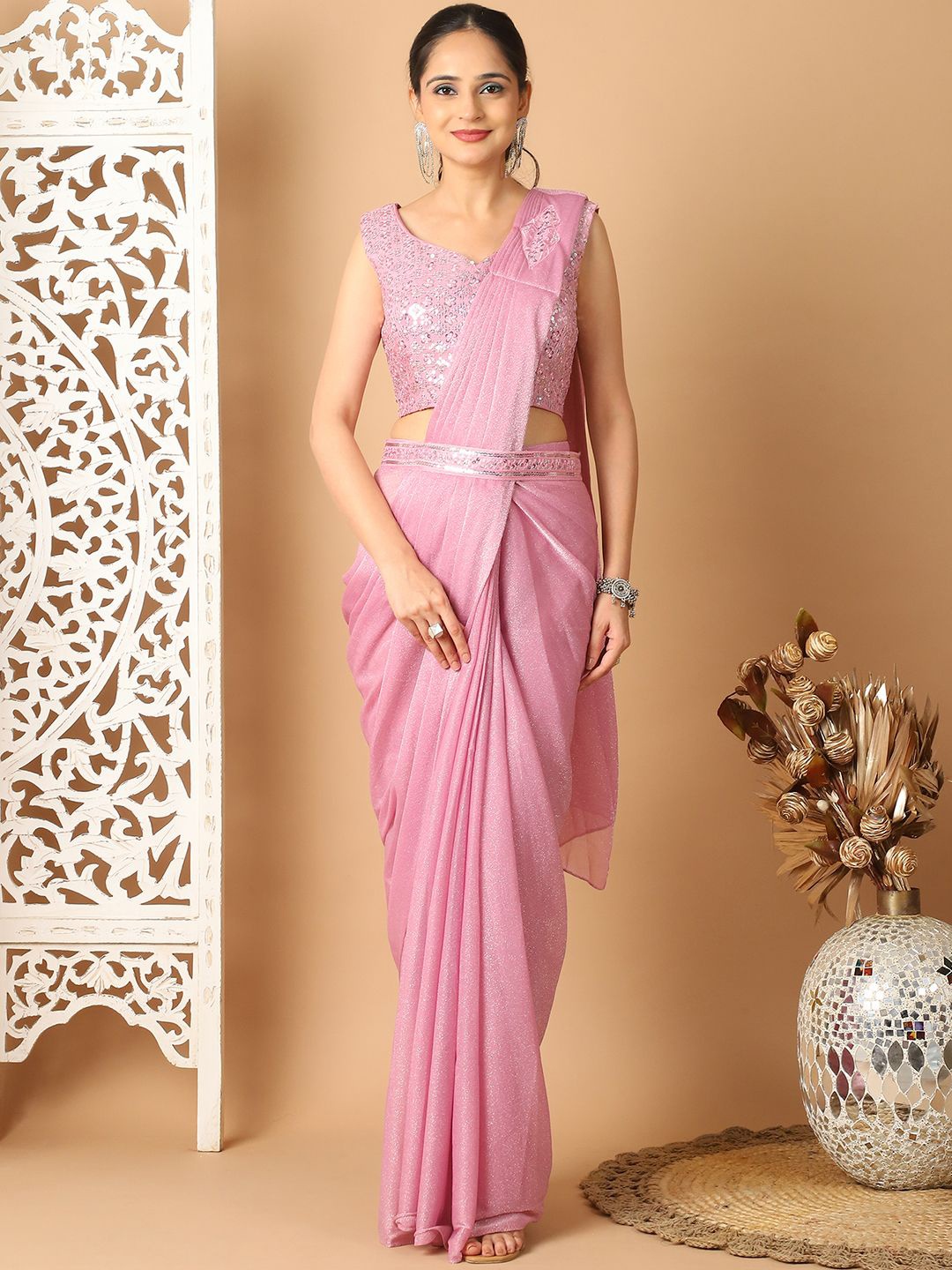 

Grancy Embellished Sequinned Ready to Wear Leheriya Saree, Pink