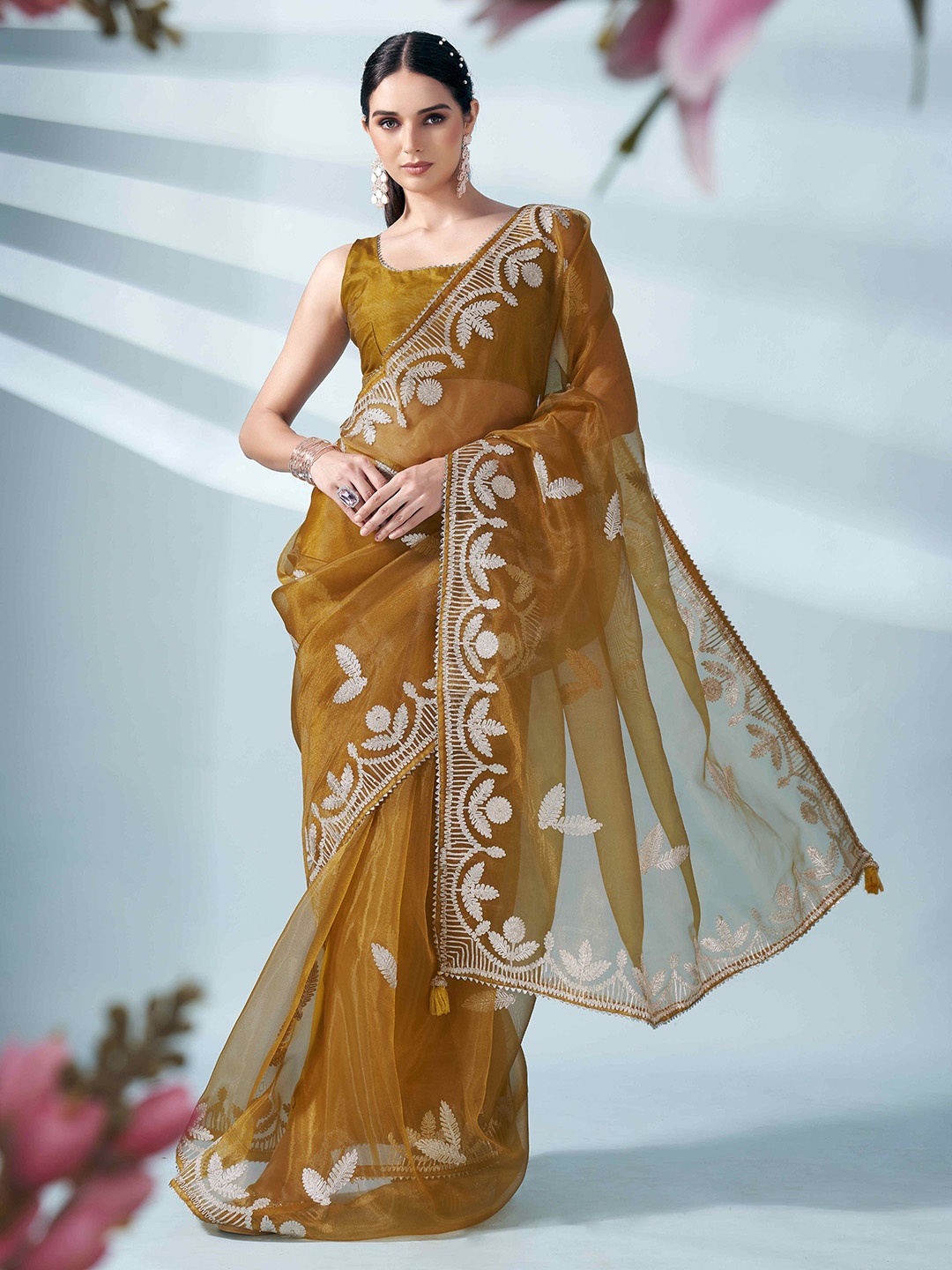 

Tikhi Imli Floral Embroidered Party Wear Organza Saree, Mustard