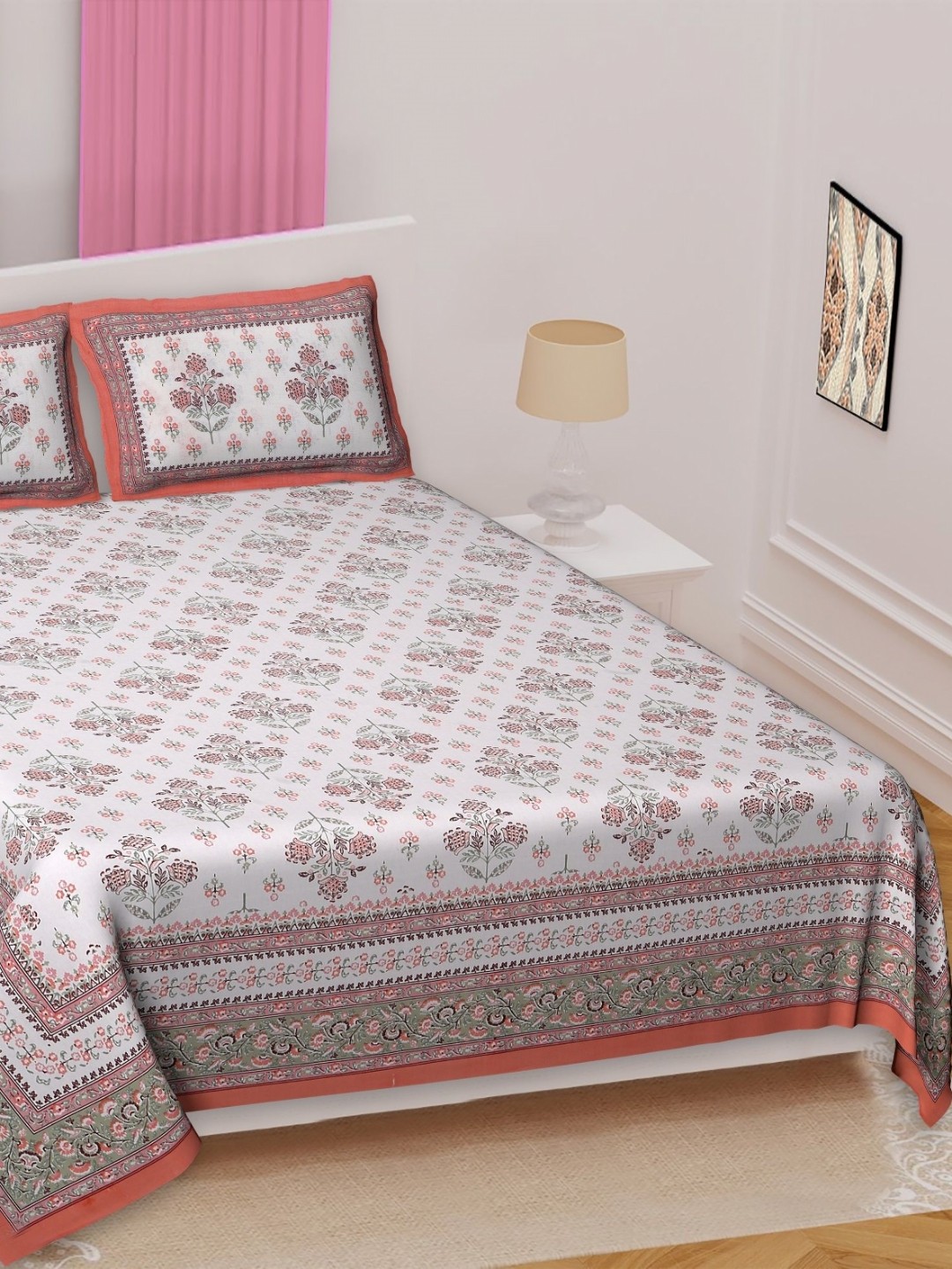 

Texstylers Pink & White Floral Printed Cotton 144 TC Queen Bedsheet with 2 Pillow Covers