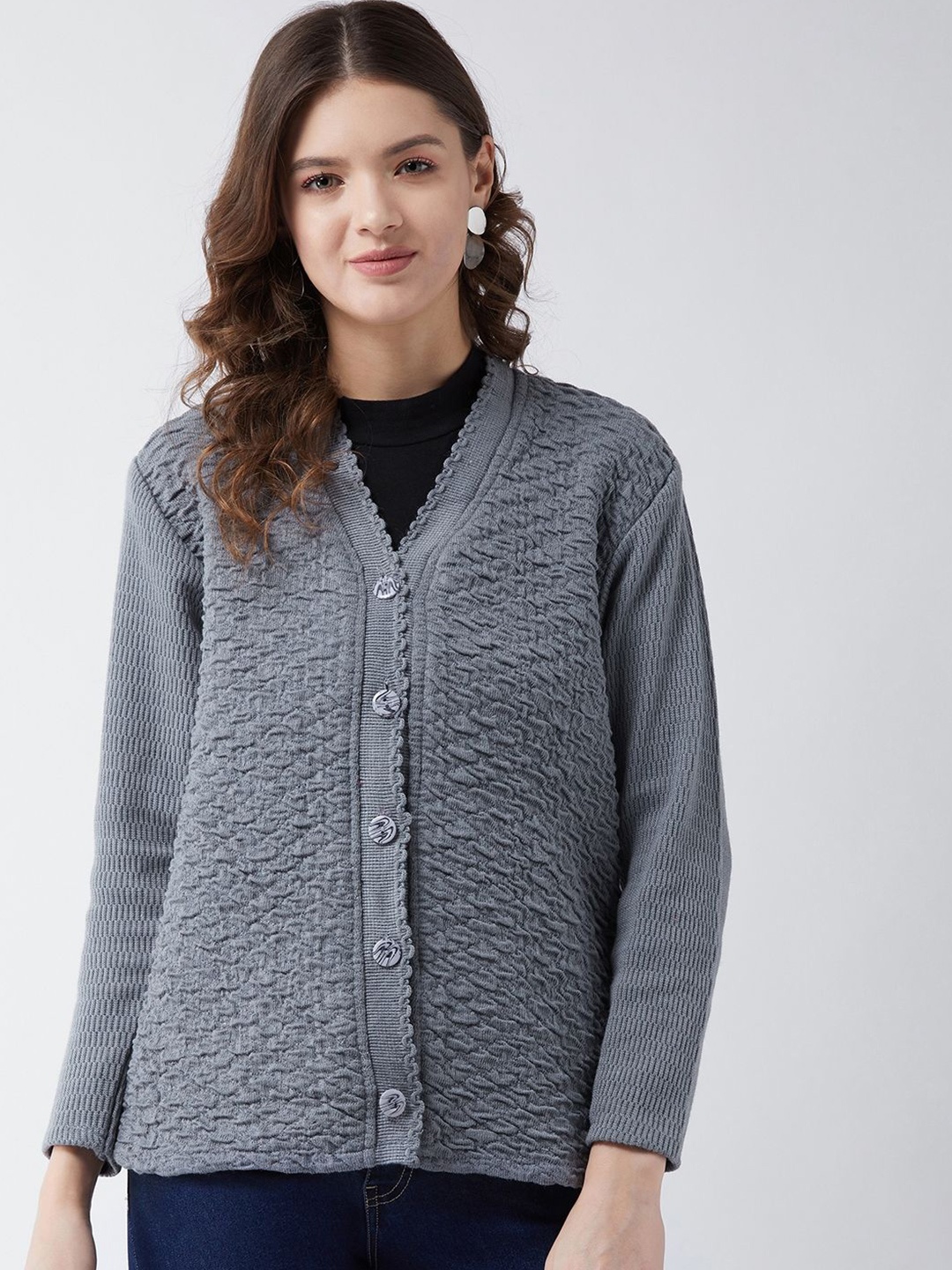 

PIVL Women Self Design Cardigan, Grey
