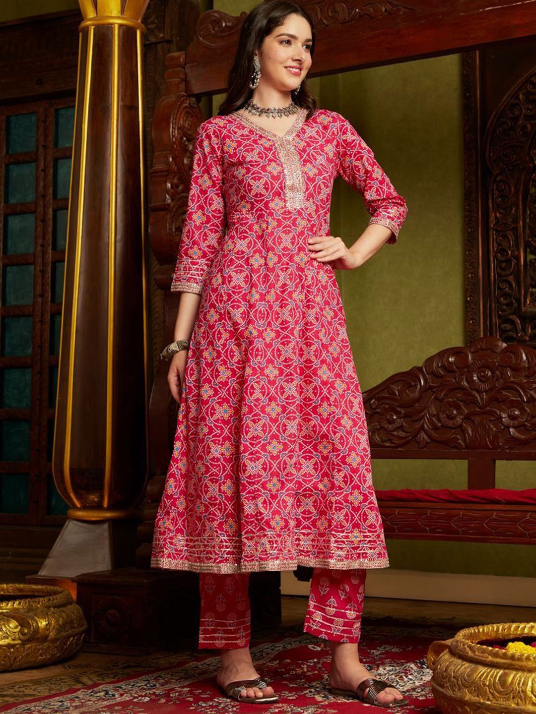 

Sangria Bandhani Printed Panelled Sequinned Pure Cotton Kurta with Trousers & Dupatta, Pink