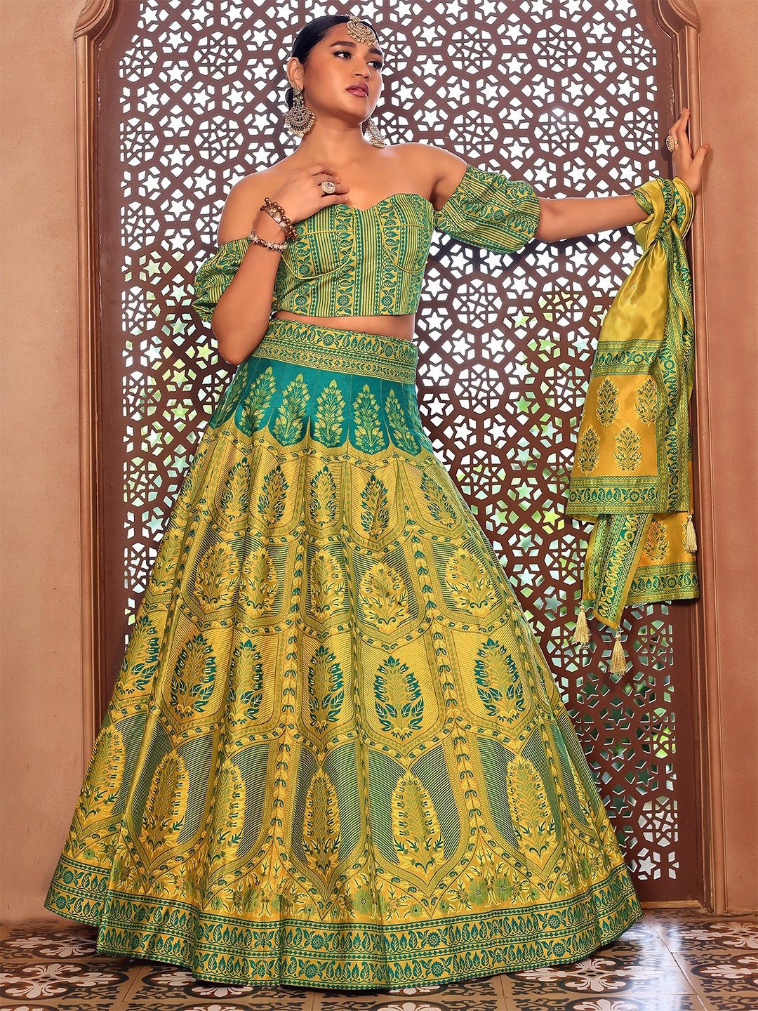

PURVAJA Ready to Wear Lehenga & Unstitched Blouse With Dupatta, Lime green