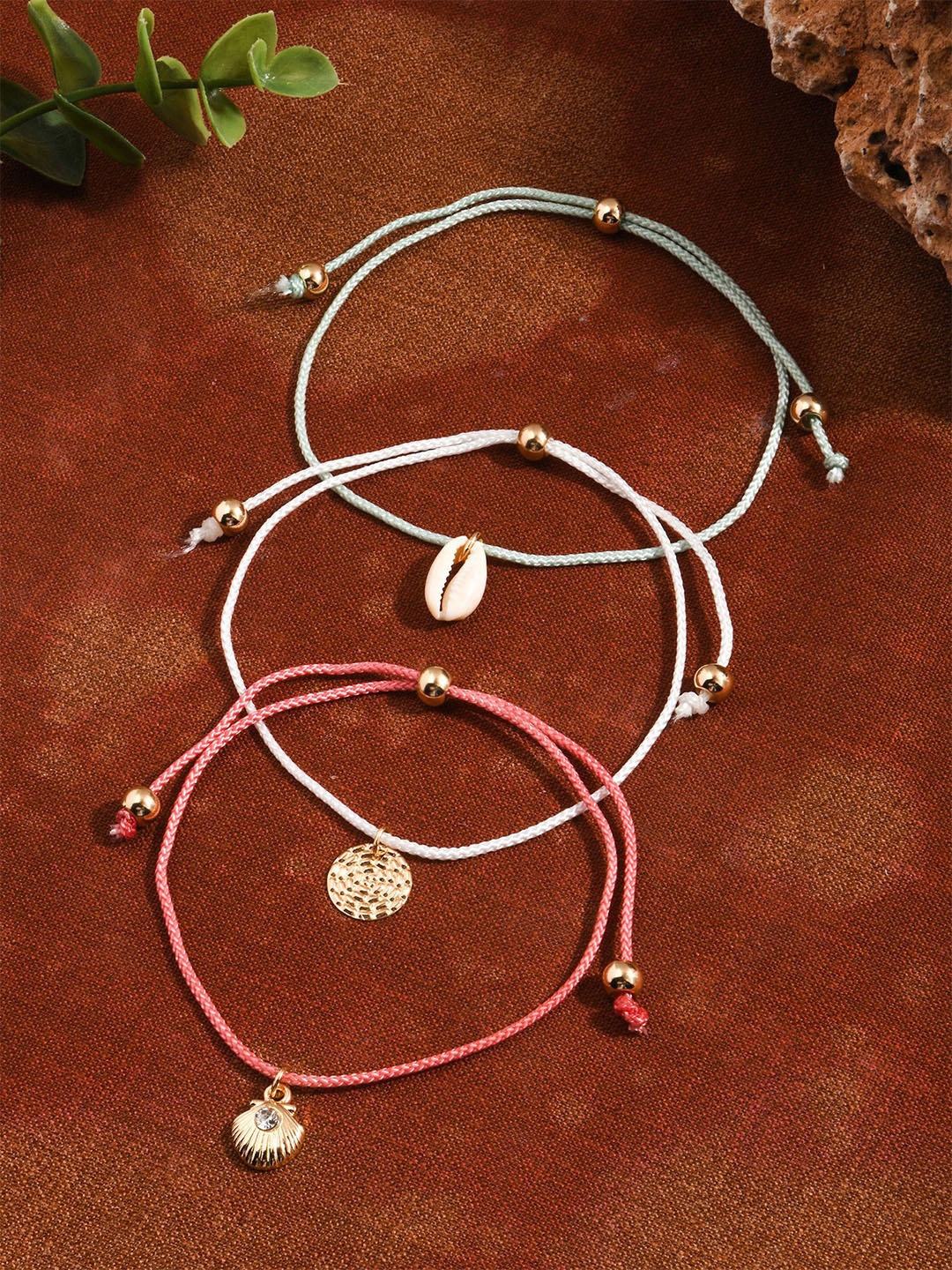 

Accessorize London Set Of 3 Friendship Shell Anklets, Pink