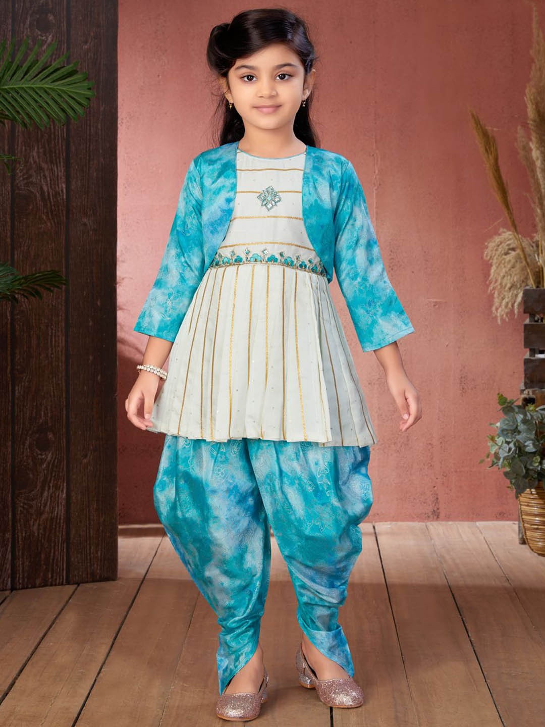 

Aarika Girls Striped Embroidered Beads And Stones Anarkali Kurti With Dhoti Pants, Off white