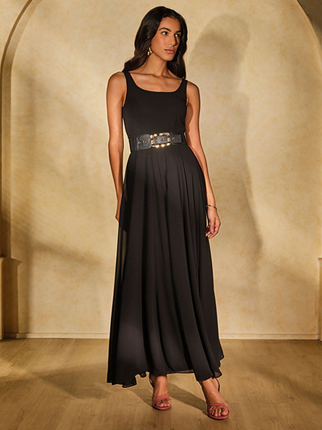 

AND Women Solid Shoulder Straps Sleeveless Flared Maxi Dress, Black
