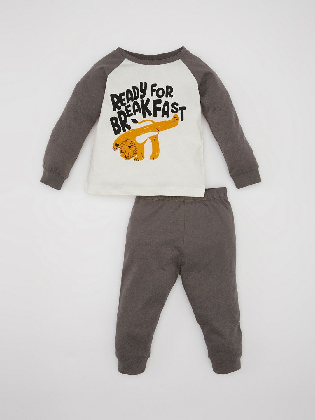 

DeFacto Infant Boys Printed Pure Cotton T-Shirt With Trousers Night Suit, Grey