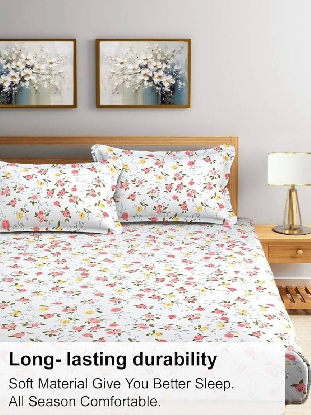 

BREVARD White & Pink Floral 210 TC Queen Fitted Bedsheet with 1 Pillow Covers
