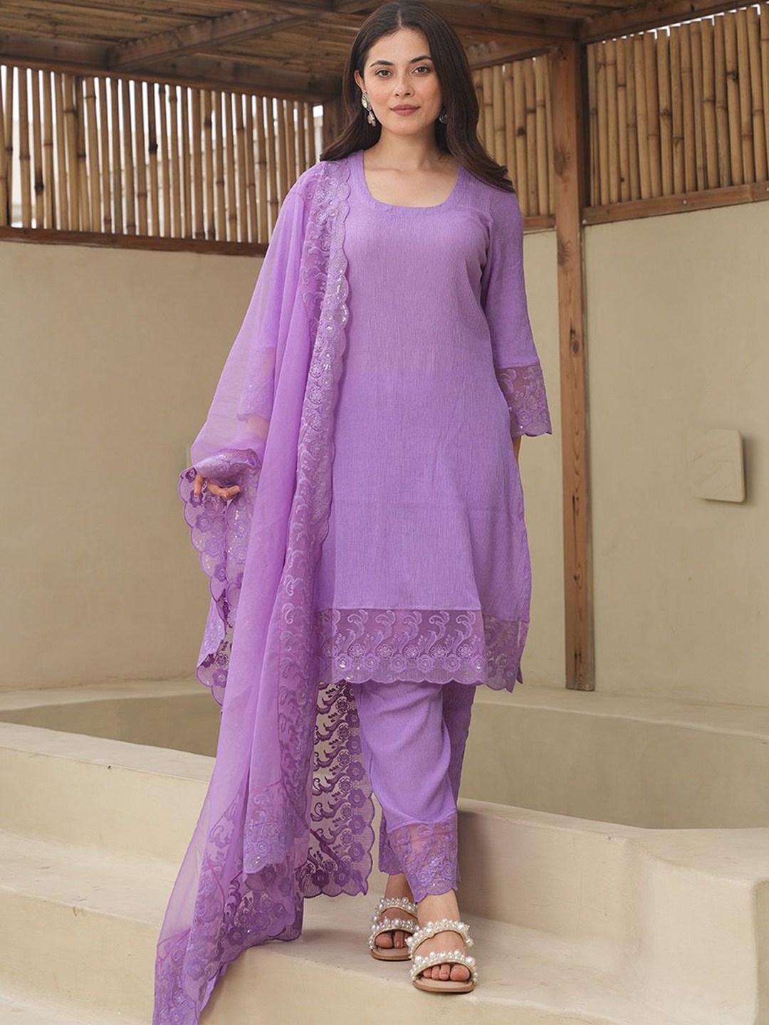 

OneWe Sequinned Pure Cotton Kurta With Trousers & Dupatta, Purple